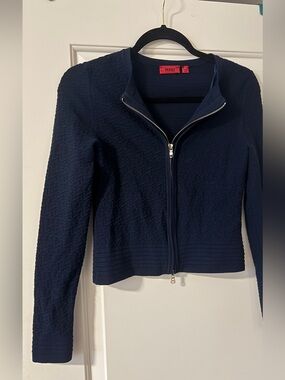 HUGO Navy Textured Zip-Up Sweater